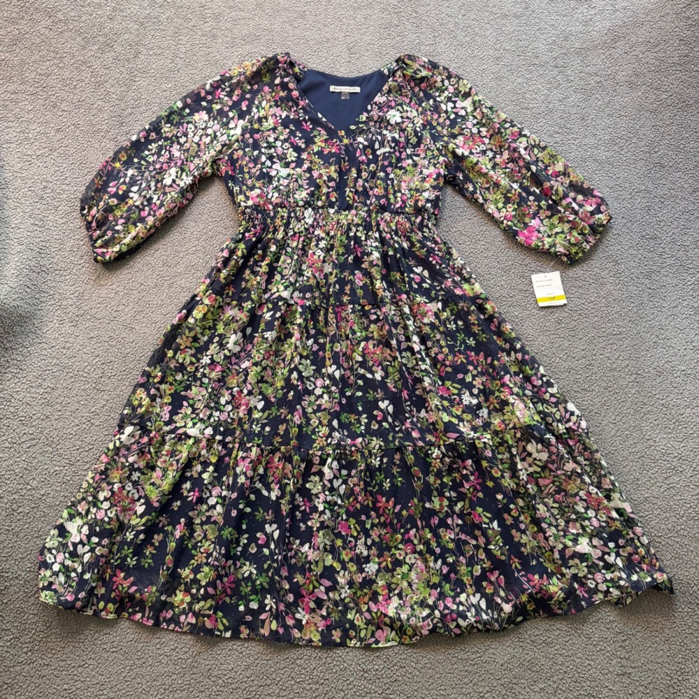 NWT Danny and Nicole Navy Floral Clip Dot Midi Dress V-Neck Smocked Waist 14P